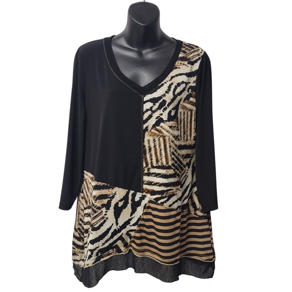 JM Collection Womens Patched V-neck Animal Print Stretch Top Tunic Size M